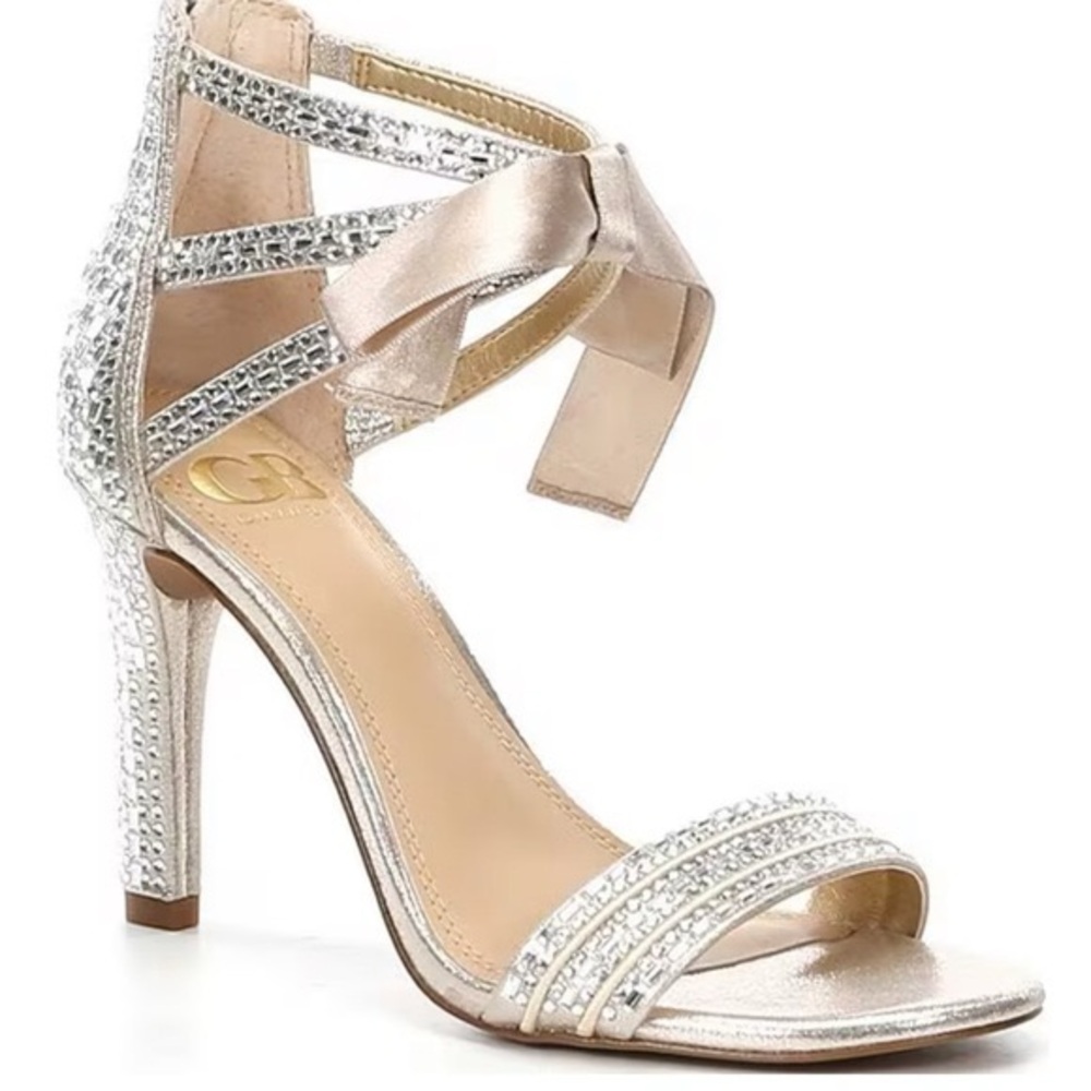 GIANNI BINI Champagne Prom Queen Embellished Evening Sandal w/ Ankle Bow - 7
